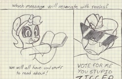 Size: 2099x1357 | Tagged: safe, artist:unitxxvii, oc, oc:dyx, oc:nyx, alicorn, book, duo, duo female, female, filly, foal, frown, graph paper, imported from derpibooru, looking at you, oc only, open mouth, open smile, pen drawing, pointing, pony, siblings, sisters, slur, smiling, smiling at you, snaggletooth, sunglasses, text, traditional art, z word