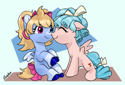 Size: 2676x1827 | Tagged: safe, artist:daveark, oc, abstract background, boop, bow, commission, cozy glow, cozybetes, cute, duo, female, filly, foal, g4, hair bow, heterochromia, imported from derpibooru, nose wrinkle, noseboop, nuzzling, ocbetes, pegasus, tail, tail bow
