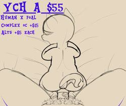 Size: 1548x1299 | Tagged: explicit, artist:alleymutt, oc, advertisement, age difference, anal, anal insertion, bed, bedsheets, commission, commission open, dock, foal, foalcon, human, human on pony action, human penis, human pov, human x pony, imported from derpibooru, insertion, interspecies, nudity, offscreen character, offscreen human, penetration, penis, pony, pov, pubic hair, sex, size difference, sketch, tail, ych sketch, your character here