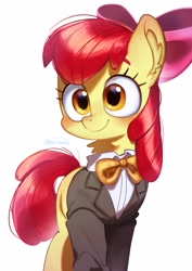 Size: 2480x3508 | Tagged: safe, artist:izuchi, apple bloom, adorabloom, apple bloom's bow, bow, bowtie, clothes, cute, ear fluff, earth pony, female, filly, foal, g4, hair bow, imported from derpibooru, pony, simple background, smiling, solo, suit, white background