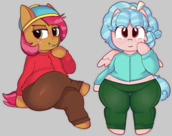 Size: 931x734 | Tagged: safe, artist:tag993, babs seed, beanie, belly, belly button, bipedal, butters stotch, chubby, clothes, cosplay, costume, cozy glow, crossed legs, duo, duo female, earth pony, eric cartman, eye clipping through hair, female, filly, foal, freckles, g4, gray background, hat, ibispaint x, imported from derpibooru, midriff, pants, pegasus, semi-anthro, simple background, sitting, smiling, smirk, south park, thighs, thunder thighs, wide hips