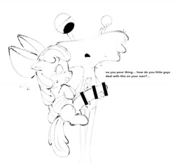 Size: 1170x1087 | Tagged: explicit, artist:curb_stomp3d, apple bloom, blushing, censor bar, censored, crossover, dialogue, earth pony, female, filly, foal, foalcon, foster's home for imaginary friends, futa, futa apple bloom, futa filly, g4, genitals, holding, horsecock, imported from derpibooru, intersex, mare, nudity, penis, pony, talking, wilt (foster's home for imaginary friends)
