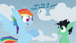 Size: 1920x1080 | Tagged: safe, rainbow dash, oc, oc:colt anon, anonymous artist, cloud, cloudy, colt, dialogue, duo, duo male and female, earth pony, female, flying, foal, g4, imported from derpibooru, lineless, looking at each other, looking at someone, male, mare, messy mane, no pupils, outdoors, pegasus, pony, sitting, smiling, smiling at each other, snow, snowfall