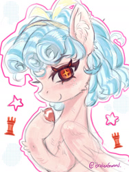 Size: 1600x2133 | Tagged: safe, artist:brokensword, artist name, aside glance, blushing, closed mouth, color outline, cozy glow, female, filly, foal, freckles, g4, hair ribbon, imported from derpibooru, leg fluff, looking at you, looking sideways, pegasus, pony, raised hoof, ribbon, rook, simple background, smiling, smiling at you, solo, sparkles, sparkly eyes, stars, unshorn fetlocks, upper body, white background, wingding eyes, yellow ribbon