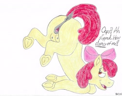 Size: 4347x3400 | Tagged: explicit, artist:bluegreen369, apple bloom, alternate version, anatomically correct, anus, apple bloom's bow, ass up, bedroom eyes, blank flank, blatant lies, bloom butt, bow, butt, clitoris, crotchboobs, dark genitals, derpibooru exclusive, dialogue, dock, earth pony, face down ass up, female, filly, foal, foalcon, frog (hoof), g4, genitals, hair bow, imported from derpibooru, looking back, lying down, nipples, nudity, plot, ponut, pony, presenting, presenting butt, prone, raised tail, simple background, solo, solo female, tail, teats, traditional art, underhoof, vulva, vulvar winking, white background