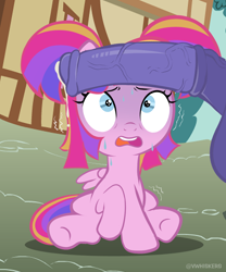 Size: 968x1161 | Tagged: explicit, semi-grimdark, artist:vwhiskers, oc, oc:twin tails, balls, blue eyes, disembodied penis, erection, eyes on the prize, female, filly, foal, foalcon, genitals, horsecock, imminent foalcon, imminent rape, imminent sex, imported from derpibooru, multicolored hair, nudity, oc only, open mouth, outdoors, pegasus, pegasus oc, penis, pink coat, pony, precum, scared, show accurate, show accurate porn, sitting, solo focus, sweat, sweatdrop