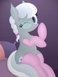Size: 3016x4032 | Tagged: safe, artist:rainbowšpekgs, silver spoon, bed, belly, belly button, chest fluff, clothes, cute, earth pony, female, filly, foal, g4, glasses, gradient background, imported from derpibooru, looking at you, on bed, one eye closed, pillow, pony, sitting, smiling, socks, wink, winking at you