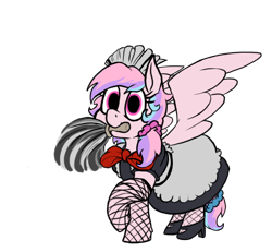 Size: 760x701 | Tagged: safe, artist:thebathwaterhero, oc, oc:sugar pill, alternate version, bowtie, clothes, cute, dress, female, filly, fishnet clothing, fishnet stockings, foal, imported from derpibooru, legwear, maid, mouth hold, multiple variants, oc only, pegasus, pony, simple background, solo, spread wings, stockings, transparent background, wings