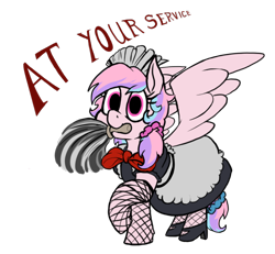 Size: 760x701 | Tagged: safe, artist:thebathwaterhero, oc, oc:sugar pill, alternate version, bowtie, clothes, cute, dress, duster, female, filly, fishnet clothing, fishnet stockings, foal, imported from derpibooru, legwear, maid, mouth hold, multiple variants, oc only, pegasus, pony, simple background, solo, spread wings, stockings, transparent background, wings