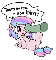 Size: 439x476 | Tagged: explicit, artist:myra, oc, oc:sugar pill, annoyed, female, filly, foal, foalcon, genitals, green penis, horsecock, imported from derpibooru, lying down, magenta eyes, multicolored hair, nudity, oc only, on back, open mouth, pegasus, pegasus oc, penis, pink coat, pony, prize on the eyes, simple background, size difference, smaller female, text, white background