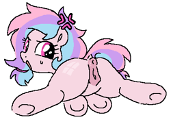 Size: 461x333 | Tagged: explicit, artist:myra, oc, oc:sugar pill, anus, female, filly, foal, foalcon, genitals, imported from derpibooru, looking back, magenta eyes, multicolored hair, nudity, oc only, open mouth, pegasus, pegasus oc, pink coat, ponut, pony, presenting, simple background, solo, solo female, tail, tail aside, vulva, white background