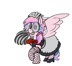Size: 760x701 | Tagged: safe, artist:thebathwaterhero, oc, oc:sugar pill, alternate version, bowtie, clothes, cute, dress, duster, female, filly, fishnet clothing, fishnet stockings, foal, glasses, imported from derpibooru, legwear, maid, mouth hold, multiple variants, oc only, pegasus, pony, simple background, solo, spread wings, stockings, swirly glasses, transparent background, wings