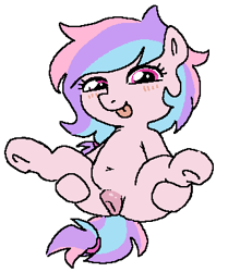 Size: 318x380 | Tagged: explicit, artist:myra, oc, oc:sugar pill, blushing, female, filly, foal, foalcon, imported from derpibooru, looking at you, magenta eyes, multicolored hair, oc only, pegasus, pegasus oc, pink coat, pony, presenting, presenting pussy, simple background, solo, solo female, spread legs, spreading, vulva, white background