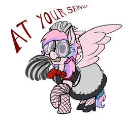 Size: 760x701 | Tagged: safe, artist:thebathwaterhero, oc, oc:sugar pill, bowtie, clothes, cute, dress, duster, female, filly, fishnet clothing, fishnet stockings, foal, glasses, imported from derpibooru, legwear, maid, mouth hold, multiple variants, oc only, pegasus, pony, simple background, solo, spread wings, stockings, swirly glasses, transparent background, wings