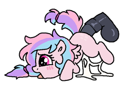Size: 556x371 | Tagged: explicit, artist:myra, oc, oc:sugar pill, ambiguous penetration, ass up, balls, blushing, cum, cum on floor, disembodied penis, face down ass up, female, filly, foal, foalcon, genitals, horsecock, imported from derpibooru, magenta eyes, multicolored hair, nudity, oc only, open mouth, pegasus, pegasus oc, penetration, penis, pink coat, pony, sex, simple background, size difference, tongue out, white background