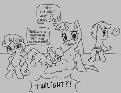 Size: 992x761 | Tagged: explicit, artist:myra, apple bloom, scootaloo, sweetie belle, twilight sparkle, age difference, bipedal, caught, cutie mark crusaders, dialogue, earth pony, eating out, exactly what it looks like, featureless crotch, female, filly, filly on mare, foal, foalcon, g4, horn, imported from derpibooru, lesbian, lineart, mare, monochrome, pegasus, pony, sex toy, simple background, sitting, size difference, speech bubble, strapon, sweat, sweatdrop, teaching, text, twilight is a foal fiddler, unicorn, unicorn twilight, worried