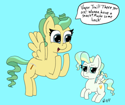 Size: 1955x1639 | Tagged: safe, artist:saikobyte, annoyed, blue background, dialogue, duo, duo female, female, filly, flying, foal, g4, imported from derpibooru, looking at someone, looking away, mare, mother and child, mother and daughter, open mouth, pegasus, pony, simple background, speech bubble, spread wings, twirly whirly, vapor trail, wings