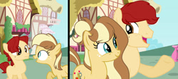 Size: 1280x570 | Tagged: safe, artist:rarityflower, oc, oc:apple pie, colt, earth pony, female, filly, foal, imported from derpibooru, looking at each other, looking at someone, male, mare, offspring, outdoors, parent:applejack, parent:caramel, parents:carajack, pony, ponyville, raised hoof, stallion