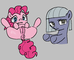 Size: 472x384 | Tagged: explicit, artist:myra, pinkie pie, anus, derpibooru exclusive, earth pony, female, filly, filly pinkie pie, foal, foalcon, g4, genitals, imported from derpibooru, limestone pie, lying down, nudity, on back, ponut, pony, siblings, simple background, sisters, spread legs, spreading, vulva, worried, younger