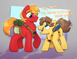 Size: 3300x2550 | Tagged: safe, artist:yellowartpone, abstract background, asking, backpack, bent over, big macintosh, blank flank, brown mane, caramel, colt, colt big macintosh, colt caramel, crouching, cute, dialogue, duo, duo male, earth pony, english, excited, first day of school, foal, freckles, g4, green eyes, happy, imported from derpibooru, introduction, larger male, looking at each other, looking at someone, male, orange mane, pony, raised hoof, red coat, short mane, size difference, smaller male, smiling, smiling at someone, surprised, tail, tail wag, the time between us, yellow coat, younger