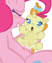 Size: 407x492 | Tagged: explicit, artist:myra, pinkie pie, babycon, creampie, cum, earth pony, eyes closed, female, filly, foal, foalcon, futa, futa on female, futa on filly, futa pinkie pie, g4, horn, imported from derpibooru, intersex, pony, pumpkin cake, sex, size difference, unicorn