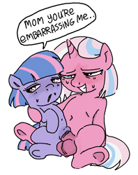 Size: 756x954 | Tagged: explicit, artist:myra, bedroom eyes, clear sky, dialogue, duo, duo female, embarrassed, female, filly, foal, foalcon, futa, futa clear sky, futa on female, futa on filly, g4, genitals, holding, horn, implied public sex, imported from derpibooru, incest, intersex, mother and child, mother and daughter, nudity, pegasus, penetration, pony, sex, sitting, speech bubble, sweat, sweatdrop, text, unicorn, vaginal, vulva, wind sprint