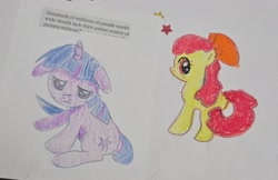 Size: 3000x1940 | Tagged: safe, artist:torturedvessei, apple bloom, twilight sparkle, aside glance, bow, earth pony, female, filly, foal, frown, g4, hair bow, horn, imported from derpibooru, looking at you, looking sideways, mare, orange bow, photo, pony, simple background, sitting, standing, stars, text, traditional art, unicorn, white background