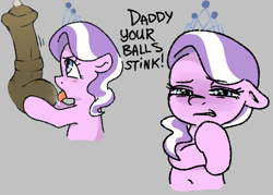 Size: 1061x760 | Tagged: explicit, artist:myra, diamond tiara, ball licking, balls, dialogue, disgusted, earth pony, father and child, father and daughter, female, filly, foal, foalcon, g4, genitals, holding balls, horsecock, implied filthy rich, implied incest, implied stink, imported from derpibooru, licking, male, nudity, oral, penis, precum
