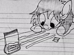 Size: 1913x1424 | Tagged: safe, artist:dhm, oc, oc:filly anon, abstract background, cocaine, drugs, drugs are bad mmmkay?, earth pony, female, filly, foal, funny, imported from derpibooru, joke, lined paper, marker drawing, monochrome, oc only, pencil drawing, razor blade, snorting, snowpity, solo, traditional art