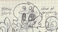 Size: 1050x580 | Tagged: safe, artist:unitxxvii, oc, oc:ayynonfilly, oc:filly anon, alien, alien pony, bust, dialogue, earth pony, female, filly, foal, graph paper, imported from derpibooru, monochrome, oc only, open mouth, open smile, pen drawing, pony, smiling, solo focus, traditional art