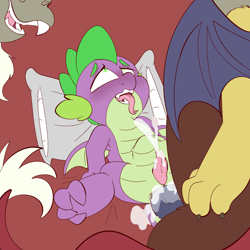 Size: 2500x2500 | Tagged: explicit, artist:ashersketch, spike, abdominal bulge, age difference, anal, creampie, cum, cumming, discord, draconequus, dragon, dragon dick, duo, duo male, foalcon, g4, gay, genitals, imported from derpibooru, interspecies, male, nudity, penetration, penis, pillow, sex, ship:dispike, shipping, tongue out, winged spike, wings