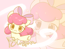 Size: 1600x1200 | Tagged: safe, artist:brella, apple bloom, bow, closed mouth, earth pony, female, filly, foal, g4, hair bow, imported from derpibooru, looking at you, orange background, pink bow, pony, red background, simple background, smiling, solo, text, wind, zoom layer