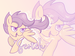 Size: 1600x1200 | Tagged: safe, artist:brella, scootaloo, :d, female, filly, foal, g4, gradient background, imported from derpibooru, open mouth, open smile, orange background, pegasus, pony, purple background, simple background, smiling, solo, spread wings, text, wings, zoom layer