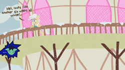 Size: 1920x1080 | Tagged: safe, oc, oc:colt anon, ..., anonymous artist, bipedal, bipedal leaning, cloud, cloudy, colt, dialogue, duo, duo male and female, earth pony, female, floppy ears, foal, g4, imported from derpibooru, leaning, male, mare, mayor mare, no pupils, outdoors, pony, ponyville, ponyville town hall, snow, snowfall