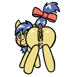Size: 693x703 | Tagged: explicit, oc, anonymous artist, anus, blushing, bow, butt, creampie, cum, dock, earth pony, female, filly, foal, foalcon, genitals, green eyes, imported from derpibooru, looking at you, looking back, looking back at you, looking over shoulder, nudity, offscreen character, plot, ponut, pony, pov, raised tail, rear view, simple background, smiling, smiling at you, solo, tail, tail bow, vaginal secretions, vulva, white background
