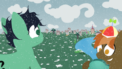 Size: 1920x1080 | Tagged: safe, button mash, oc, oc:colt anon, anonymous artist, bridge, cloud, cloudy, colt, crowd, duo focus, earth pony, foal, frown, g4, grin, house, houses, imported from derpibooru, joy boy, lineless, male, no pupils, outdoors, pony, ponyville, ponyville town hall, river, smiling, snow, snowfall, water