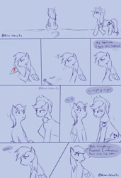 Size: 1397x2048 | Tagged: safe, artist:kiwi_heartss, applejack, rainbow dash, scootaloo, applejack's hat, blushing, comic, cowboy hat, dialogue, earth pony, female, filly, flag, foal, freckles, g4, hat, imported from derpibooru, lesbian, mare, monochrome, pegasus, pony, ship:appledash, shipping, sketch, speech bubble
