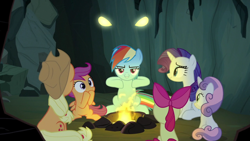 Size: 1280x720 | Tagged: safe, apple bloom, applejack, rainbow dash, rarity, scootaloo, sweetie belle, campfire tales, cave, cutie mark crusaders, female, filly, foal, g4, imported from derpibooru, indoors, mare, my little pony: friendship is magic, pony, screencap, yellow eyes