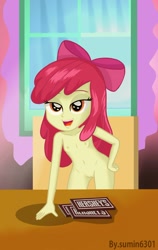 Size: 1156x1827 | Tagged: explicit, artist:sumin6301, apple bloom, banned from derpibooru, bedroom eyes, breasts, delicious flat chest, edit, equestria girls, female, hershey bar, imported from twibooru, lolicon, looking at you, nude edit, nudity, small breasts, solo, solo female, underage, vulva