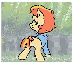 Size: 335x292 | Tagged: safe, artist:myra, oc, oc:aimless, blue sweater, clothes, earth pony, female, filly, foal, full body, grass, imported from derpibooru, long sleeves, looking at you, looking back, looking back at you, oc only, outdoors, passepartout, ponified, pony, rear view, smiling, solo, sweater, tree