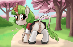 Size: 3967x2588 | Tagged: explicit, artist:kurozu, oc, oc:white radish, anus, blush lines, blushing, bottomless, bush, butt, cherry blossoms, clothes, dark genitals, dirt road, female, filly, flower, flower blossom, foal, foalcon, genitals, green mane, green tail, hime cut, horn, imported from derpibooru, kirin, kirin oc, long hair, looking at you, looking over shoulder, mary janes, no panties, nudity, oc only, outdoors, plot, ponut, randoseru, road, school uniform, schoolgirl, shoes, skirt, smiling, socks, solo, solo female, tail, tree, uniform, upskirt, vulva, white socks