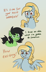 Size: 2395x3725 | Tagged: safe, artist:moonatik, oc, oc:fair flyer, oc:filly anon, comic, dialogue, duo, earth pony, earth pony oc, female, filly, foal, gradient background, hairband, imported from derpibooru, mare, mare fair, night at the museum, oc only, pegasus, pegasus oc, pony