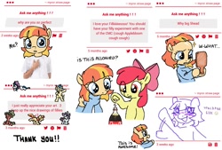 Size: 1082x731 | Tagged: safe, artist:myra, apple bloom, oc, oc:aimless, blue sweater, bow, clothes, coca-cola, earth pony, female, filly, foal, forehead, g4, hair bow, hand mirror, hoof hold, imported from derpibooru, mentos, mentos and diet coke, multiple views, pink bow, pony, socks, strawpage, sweater, text, waving