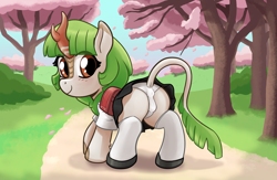 Size: 3967x2588 | Tagged: questionable, artist:kurozu, oc, oc:white radish, anus cameltoe, blush lines, blushing, bush, butt, cameltoe, cherry blossoms, clothes, dirt road, female, filly, flower, flower blossom, foal, foalcon, green mane, green tail, hime cut, horn, imported from derpibooru, kirin, kirin oc, long hair, looking at you, looking over shoulder, mary janes, oc only, outdoors, panties, plot, randoseru, road, school uniform, schoolgirl, shoes, skirt, smiling, socks, solo, solo female, tail, tree, underwear, uniform, upskirt, white socks