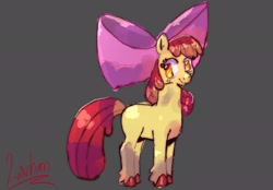Size: 2048x1423 | Tagged: safe, artist:lavicorn46, apple bloom, big bow, bow, closed mouth, colored, colored hooves, colored lineart, ears up, earth pony, eyelashes, eyes open, female, filly, foal, full body, g4, golden eyes, gray background, hair bow, hooves, imported from derpibooru, leg fluff, looking at you, orange hooves, pink bow, pony, red hair, red mane, red tail, signature, simple background, smiling, smiling at you, solo, standing, tail, three quarter view, unshorn fetlocks, yellow coat