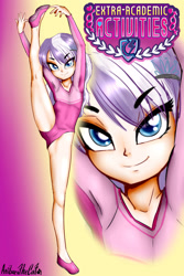 Size: 2000x3000 | Tagged: suggestive, artist:anibaruthecat, diamond tiara, armpits, ballet slippers, banned from derpibooru, bedroom eyes, cameltoe, clothes, equestria girls, female, flexible, gymnastics, hairpin, human, human coloration, humanized, imported from twibooru, leotard, lolicon, looking at you, smiling, solo, solo female, standing splits, underage