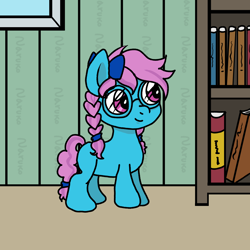 Size: 3000x3000 | Tagged: safe, artist:wrath-marionphauna, oc, oc:bubble clever, book, bow, braid, female, filly, filly oc, foal, glasses, hair bow, imported from derpibooru, indoors, ponylatino, solo