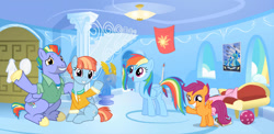 Size: 1280x624 | Tagged: safe, artist:redshores, rainbow dash, scootaloo, adopted, adopted daughter, ball, book, bow hothoof, bowabetes, clothes, cute, dashabetes, family, father and child, father and daughter, female, filly, foal, g4, grin, imported from derpibooru, indoors, jacket, male, mare, mother and child, mother and daughter, offspring, open mouth, open smile, parent:bow hothoof, parent:windy whistles, parents:windyhoof, pegasus, pony, rainbow dash's house, rainbow dash's parents, scootadoption, scootalove, ship:windyhoof, shipping, siblings, sisters, sitting, smiling, spread wings, stallion, straight, windy whistles, windybetes, wings