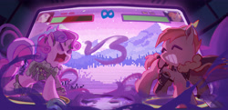 Size: 5767x2801 | Tagged: safe, artist:糖喵yosa, button mash, sweetie belle, comic:video game is magic, backlighting, colt, duo, duo male and female, female, filly, foal, g4, grin, imported from derpibooru, male, ship:sweetiemash, shipping, smiling, straight