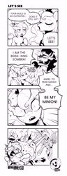 Size: 2695x7016 | Tagged: safe, artist:norisle, button mash, princess luna, comic:video game is magic, alicorn, colt, explosion, eye beams, family guy, family guy death pose, female, foal, g4, horn, imported from derpibooru, king sombra, lineart, male, mare, mind control, nightmare moon, pony, raised hoof, stallion, unicorn